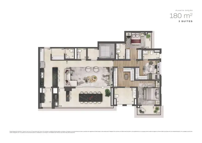 Planta Torre A — 180m² — 4 Suítes