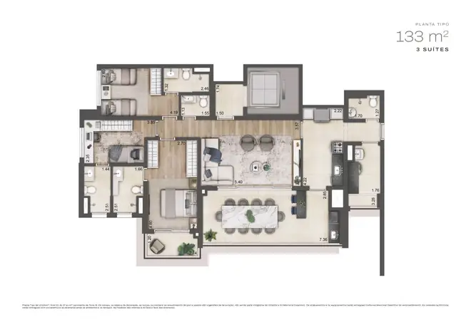 Planta Torre B — 133m² — 3 Suítes