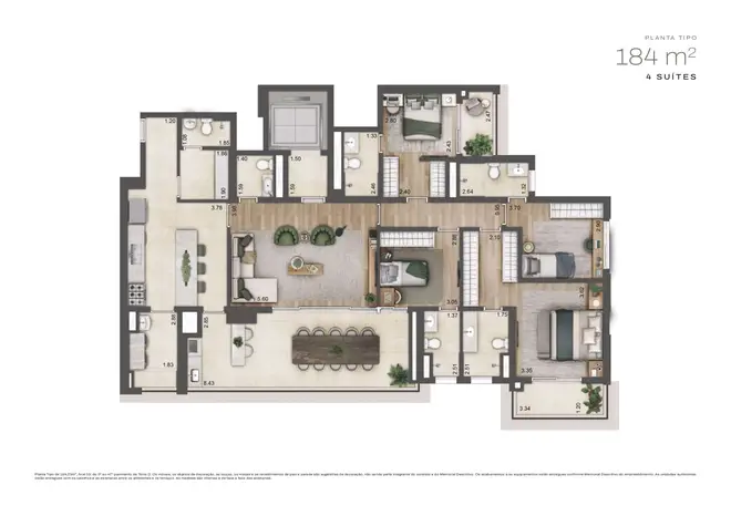 Planta Torre D — 184m² — 4 Suítes