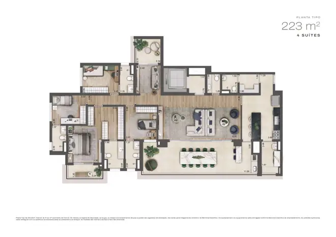 Planta Torre D — 223m² — 4 Suítes